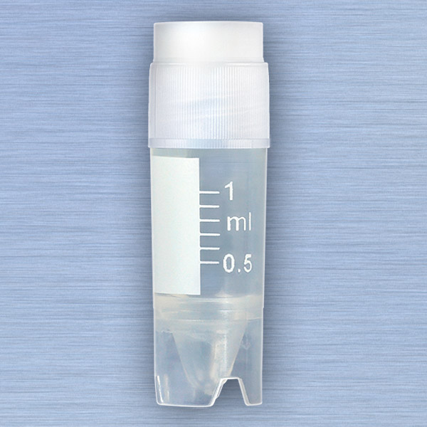 Globe Scientific CryoCLEAR vials, 1.0mL, STERILE, External Threads, Attached Screwcap with Co-Molded Thermoplastic Elastomer (TPE) Sealing Layer, Conical Bottom, Self-Standing, Printed Graduations, Writing Space and Barcode, 50/Bag cryogenic vials; cryogenic tubes; storage tubes; sterile tubes; cryogenic